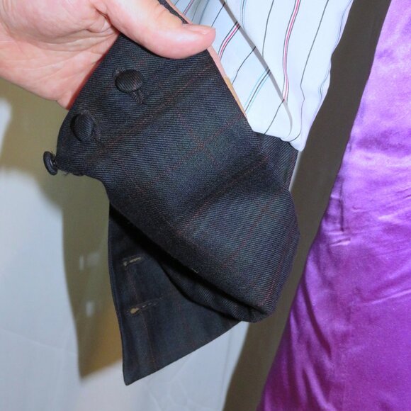 William Hunt Green Tartan Plaid Velvet Collar Three Button Long Riding Jacket L - Picture 10 of 14